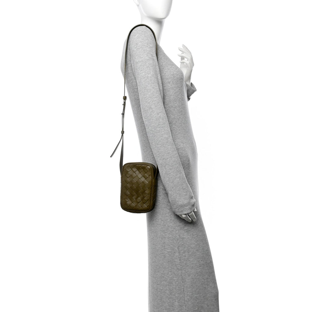 Calfskin Intrecciato Mini Cassette Phone Holder Crossbody Khaki