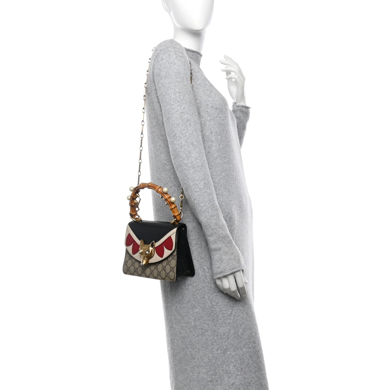 GG Supreme Monogram Goatskin Pearl Mini Fox Broche Bamboo Top Handle Bag Beige Ebony Black Hibiscus Red Mystic White