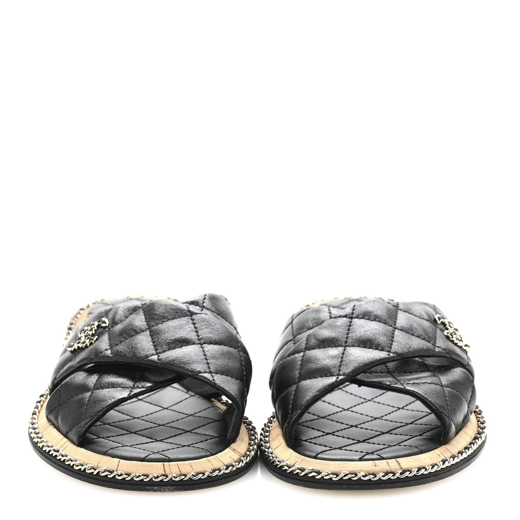 Lambskin Quilted Chain CC Sandals 39 Black