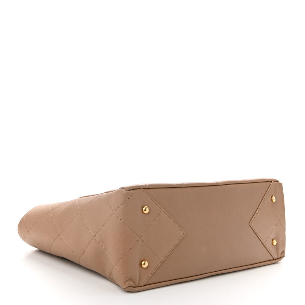 Calfskin Quilted Chain Shopping Tote Beige