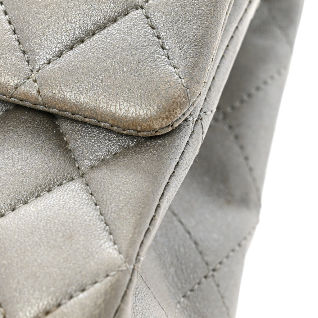 Metallic Lambskin Quilted Medium Double Flap Silver