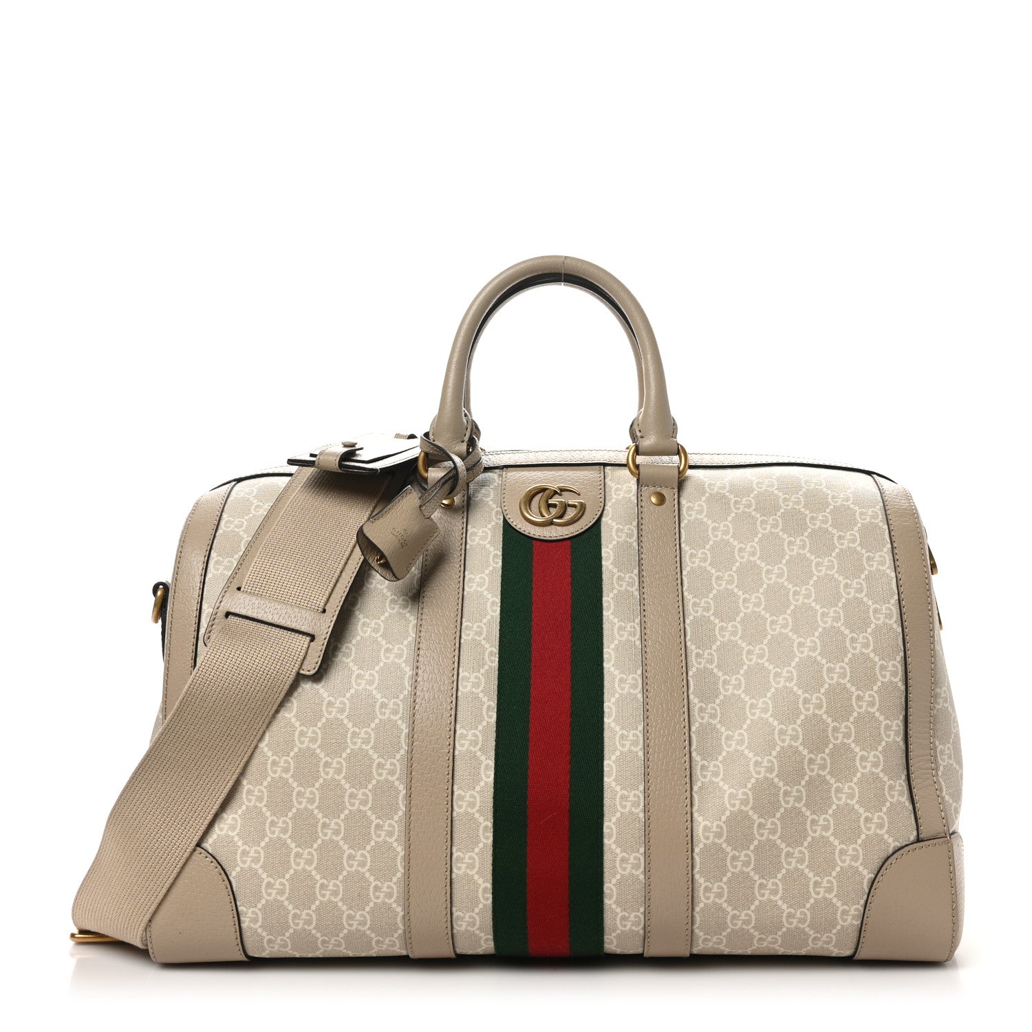 GG Supreme Monogram Textured Dollar Calfskin Web Medium Savoy Duffle Bag Beige Mystic White Oatmeal