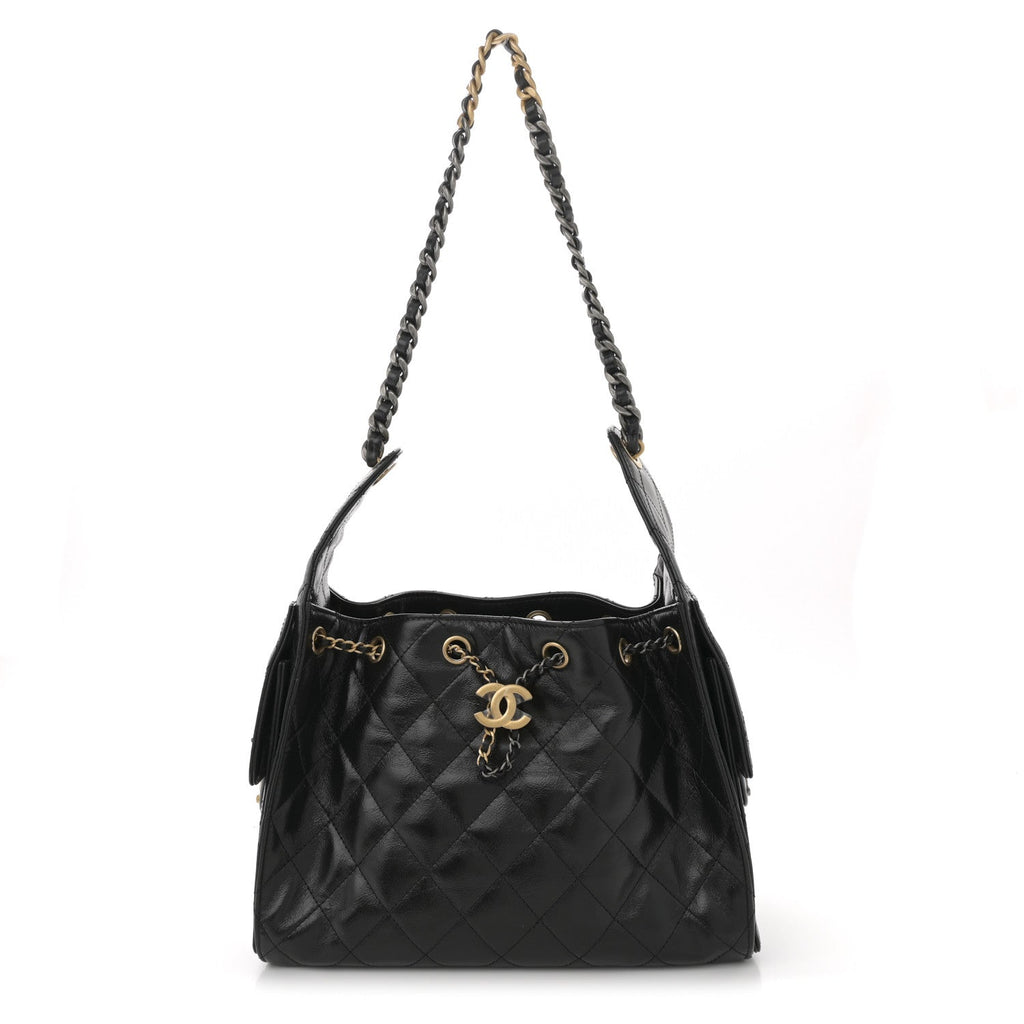 Shiny Crumpled Calfskin Quilted Small Chanel 25 Handbag Black