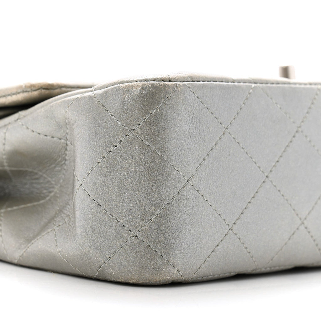 Metallic Lambskin Quilted Medium Double Flap Silver
