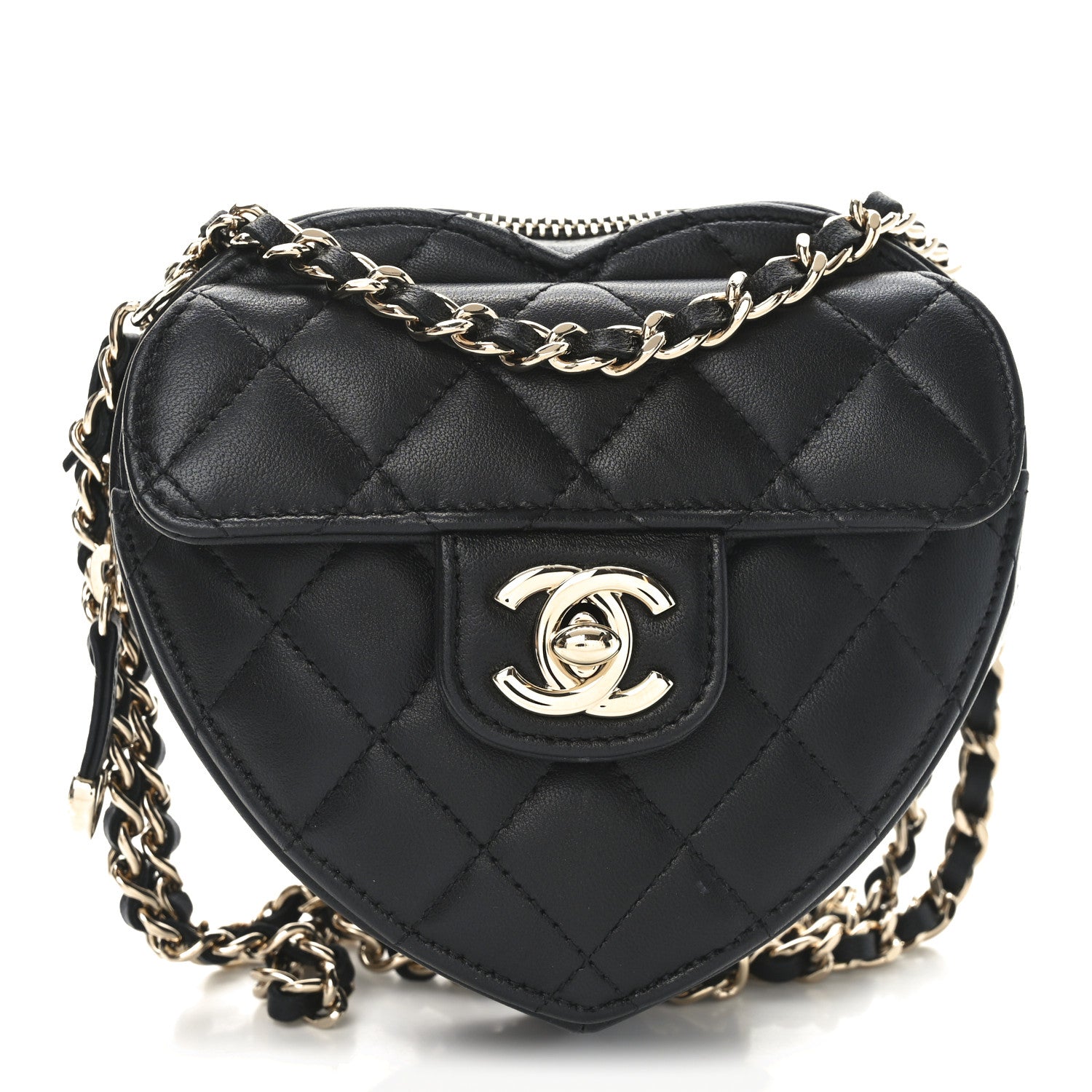 Lambskin Quilted CC In Love Heart Waist Belt Bag With Chain Black