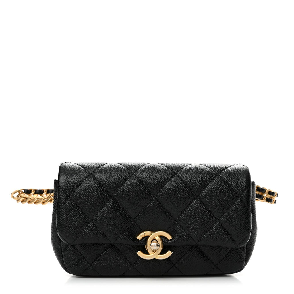 Shiny Caviar Quilted Chain Melody Waist Belt Bag Black