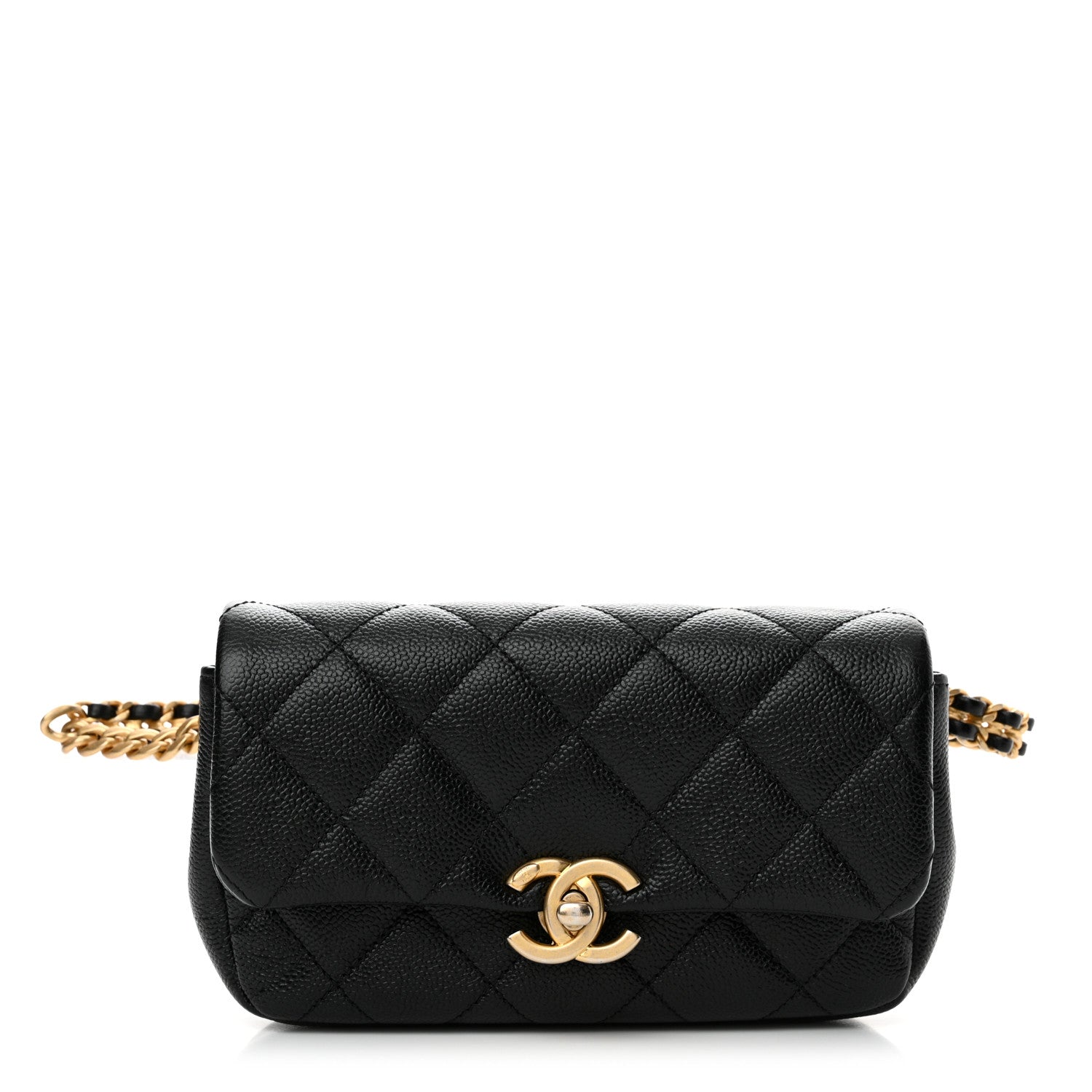 Shiny Caviar Quilted Chain Melody Waist Belt Bag Black