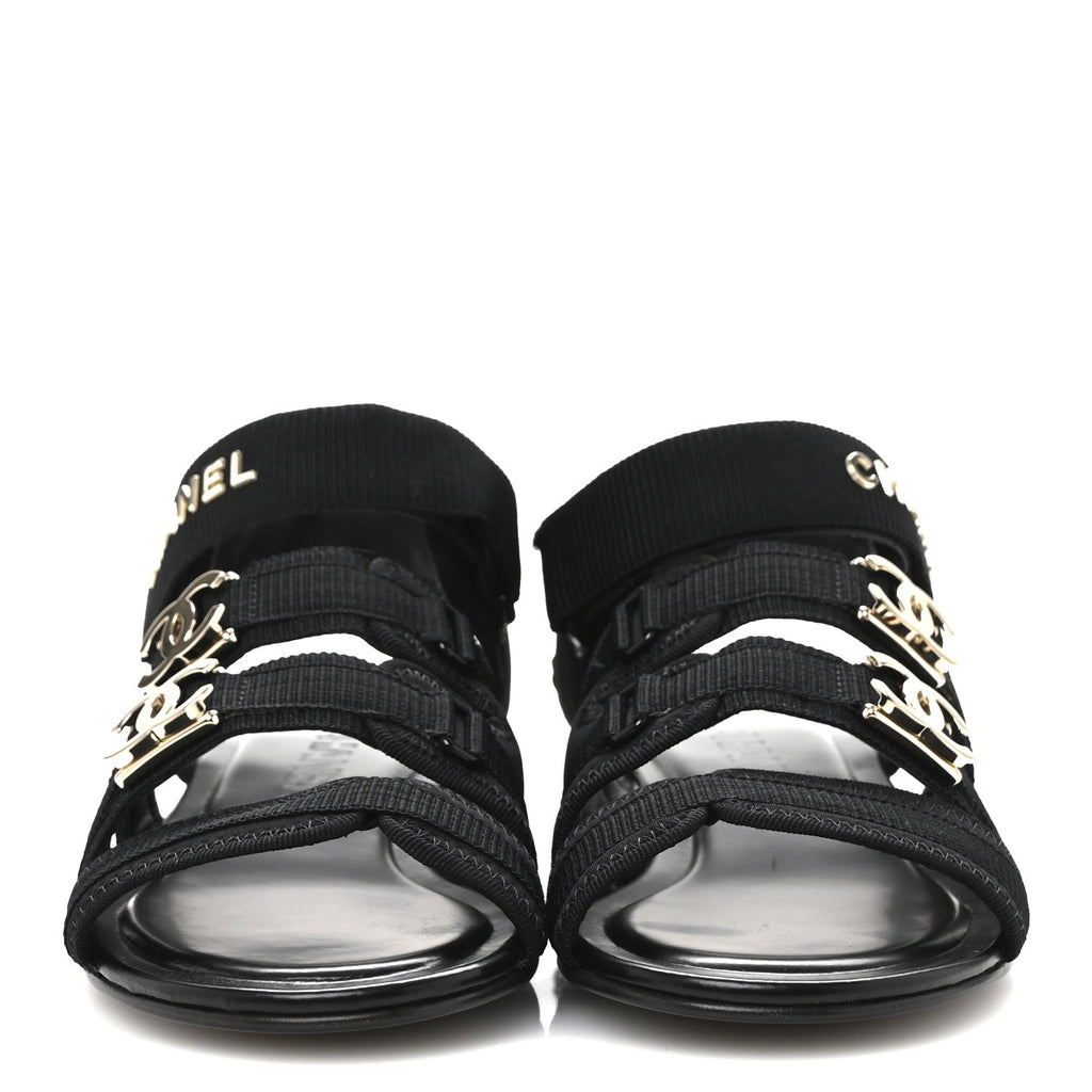 Fabric Metal CC Logo Flat Sandals 36.5 Black