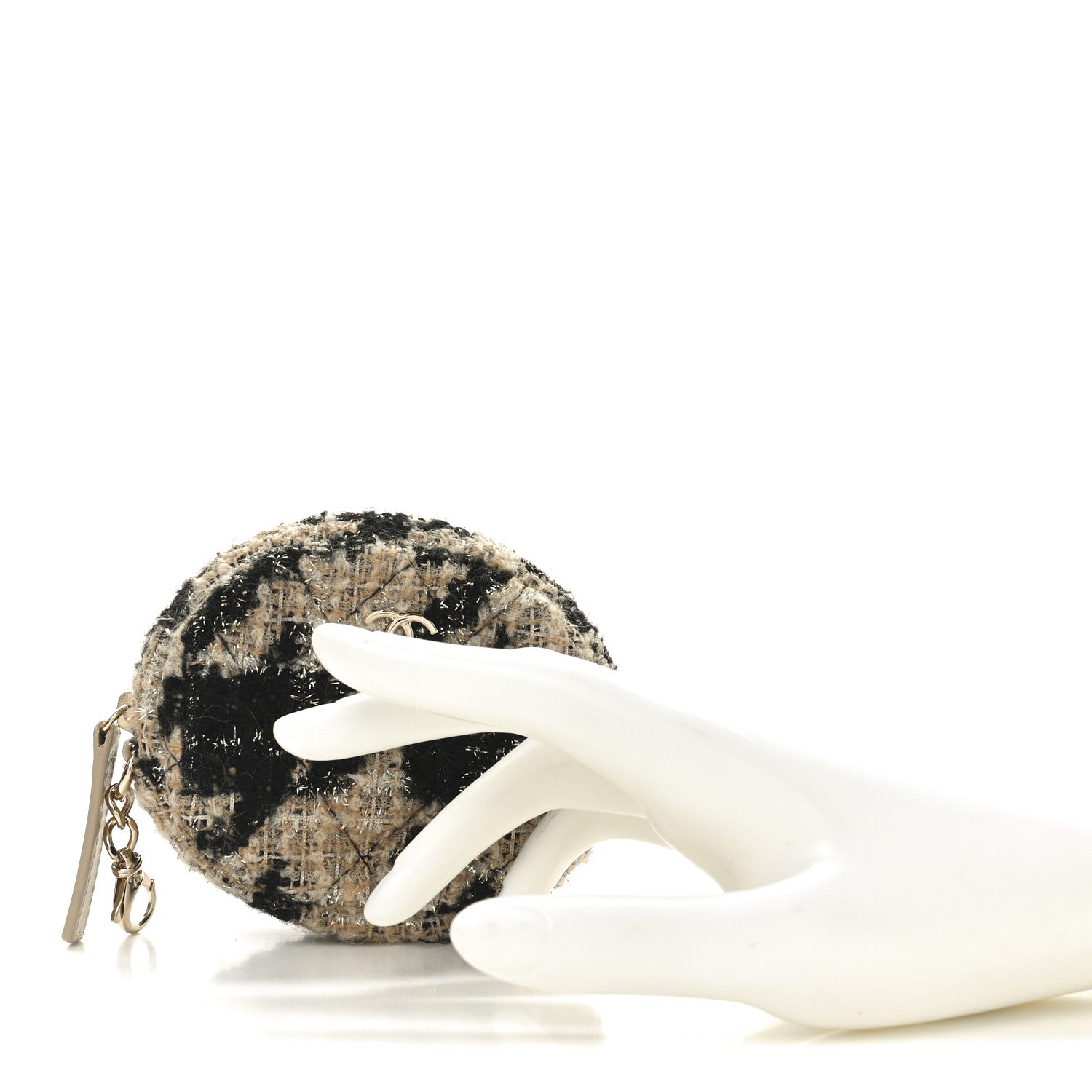 Tweed Shearling Quilted Coin Purse Beige Black