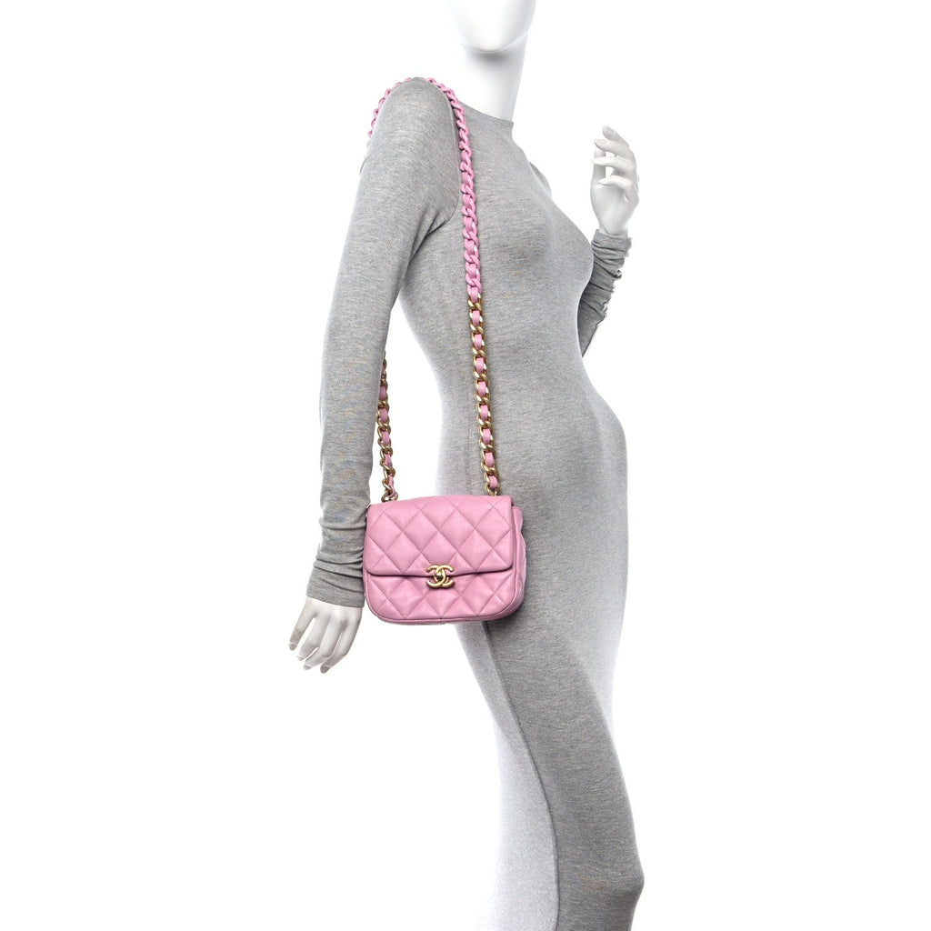 Lambskin Quilted Mini Lacquered Chain Flap Pink