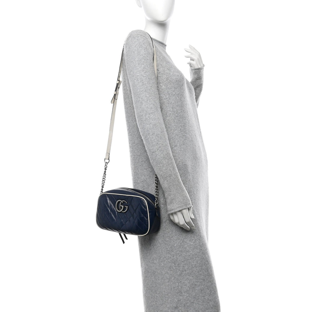 Vintage Effect Calfskin Matelasse Diagonal Small Torchon GG Marmont Chain Shoulder Bag Blue Agata Mystic White