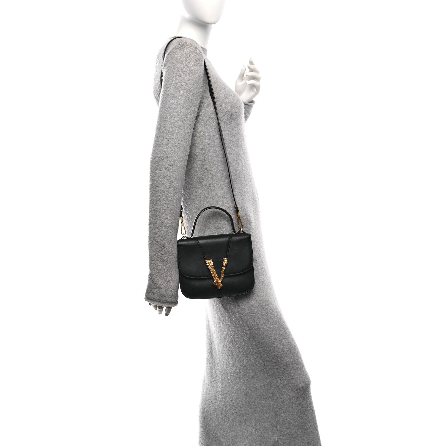 Vitello Barocco Virtus Small Top Handle Shoulder Bag Black