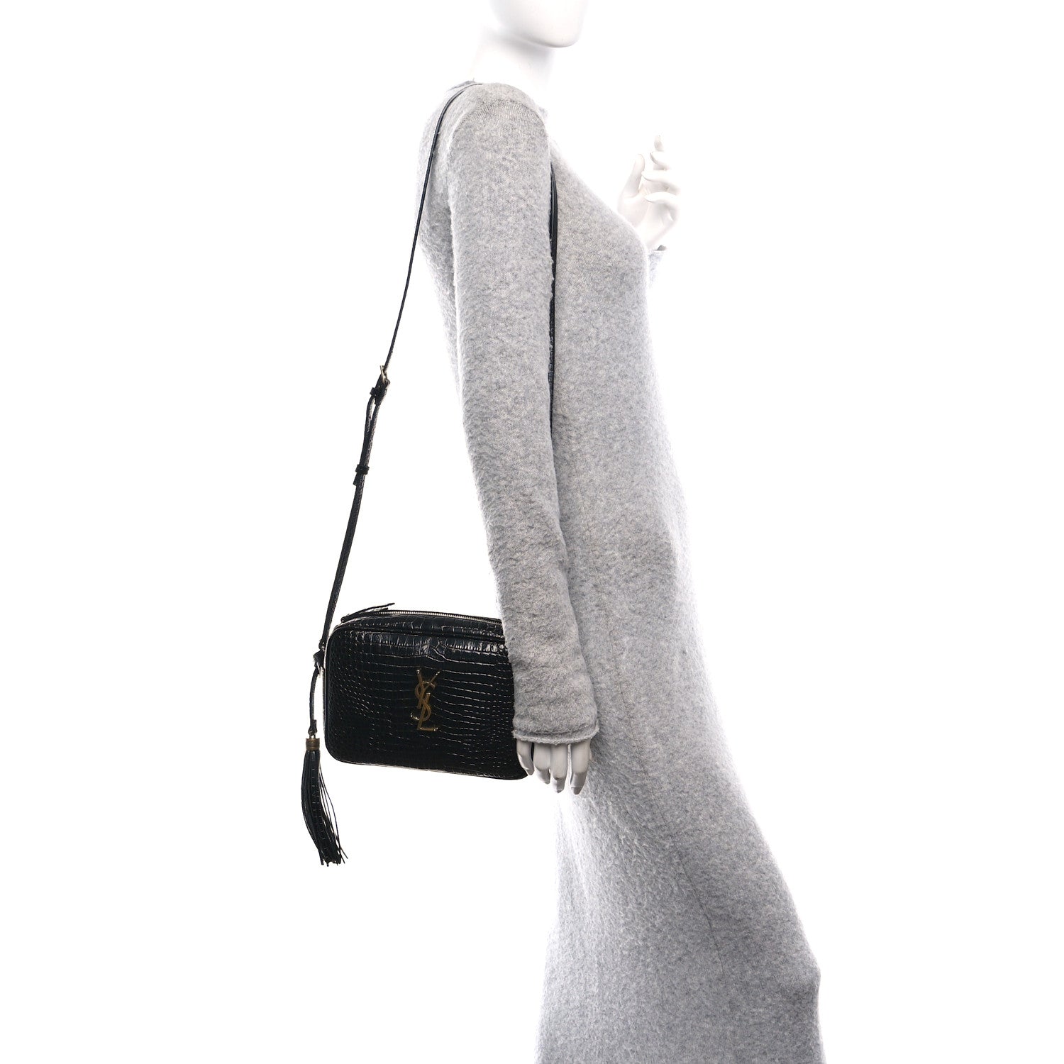 Patent Calfskin Crocodile Embossed Monogram Lou Camera Bag Black