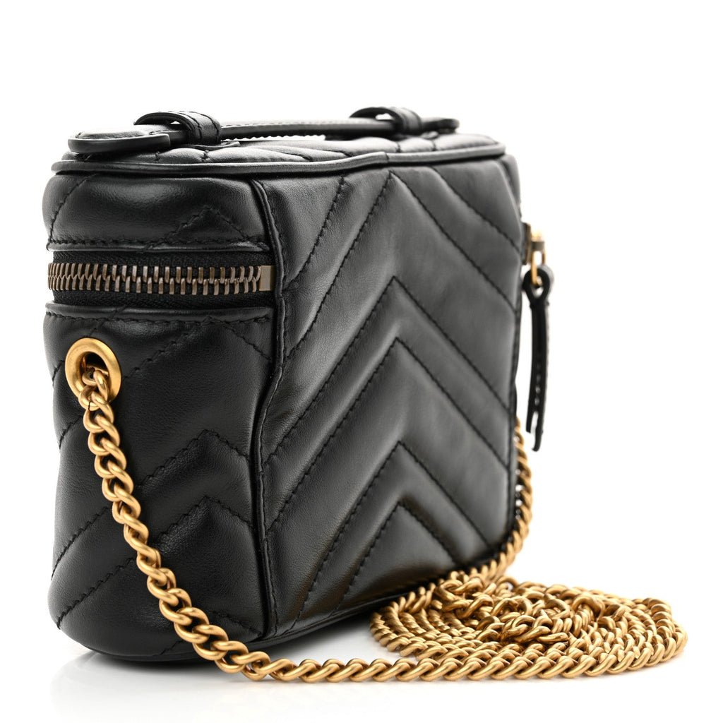 Calfskin Matelasse Chevron Mini GG Marmont Top Handle Bag Black
