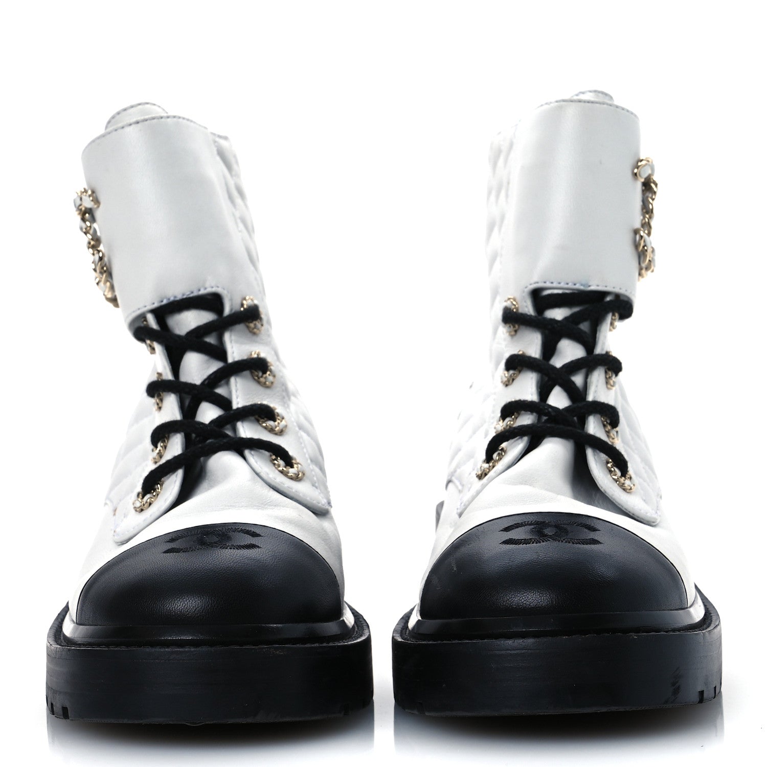 Shiny Lambskin Quilted Lace Up Combat Boots 39.5 White Black