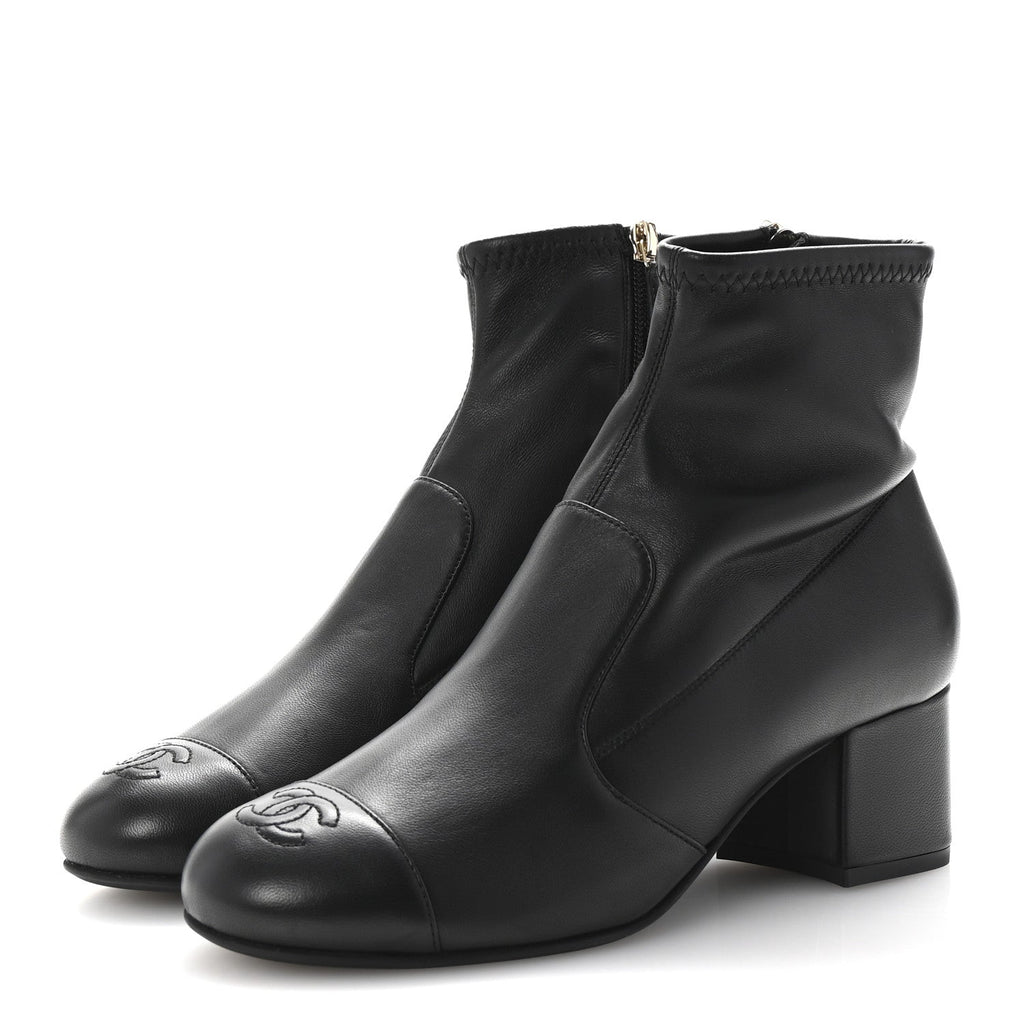 Stretch Lambskin Cap Toe CC Short Boots 37.5 Black