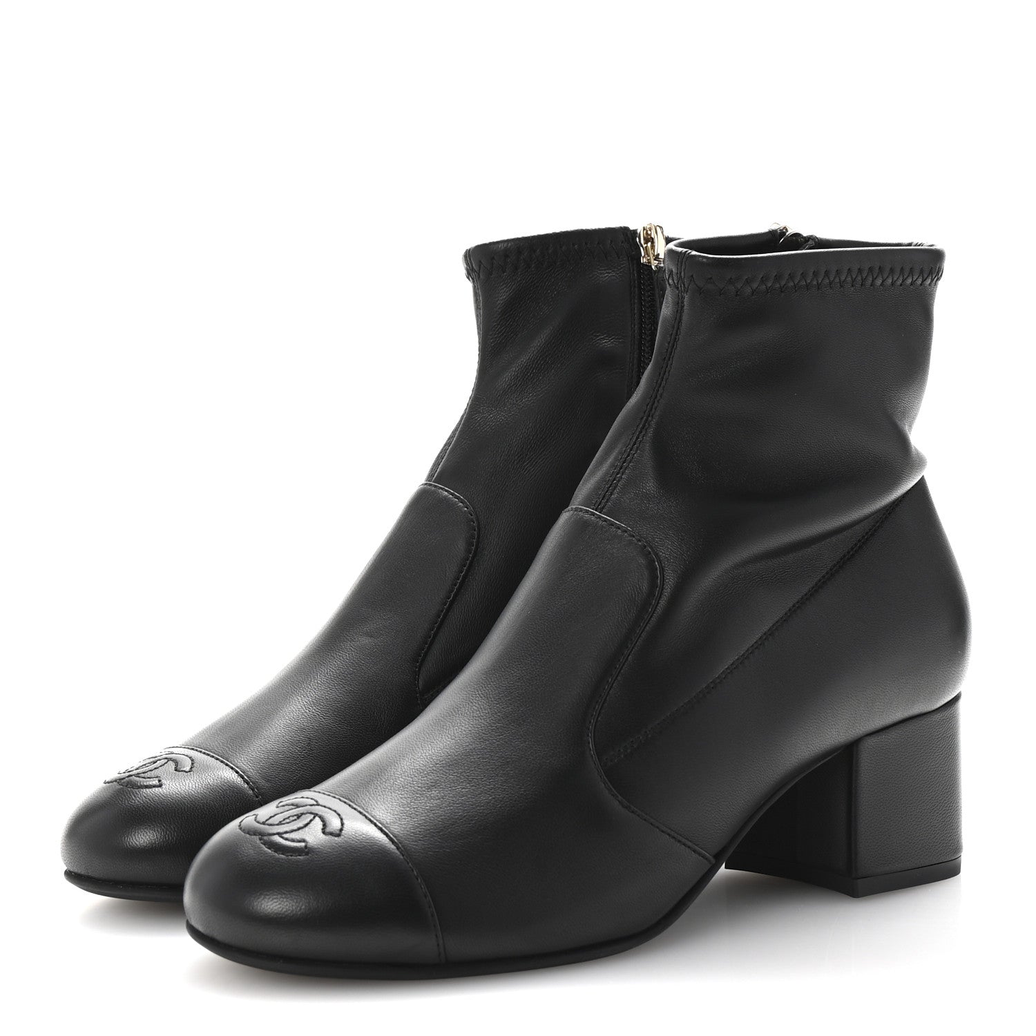 Stretch Lambskin Cap Toe CC Short Boots 37.5 Black