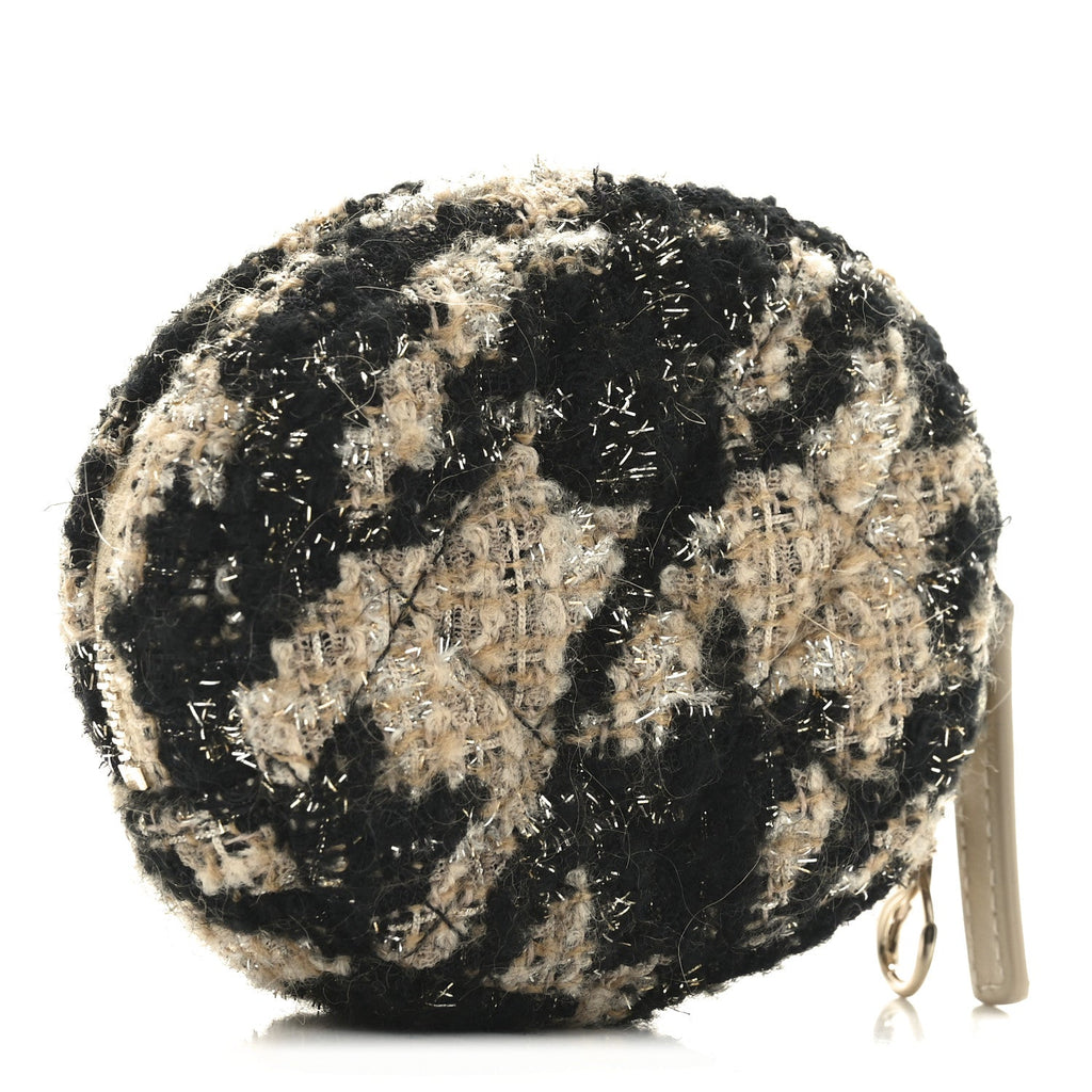 Tweed Shearling Quilted Coin Purse Beige Black