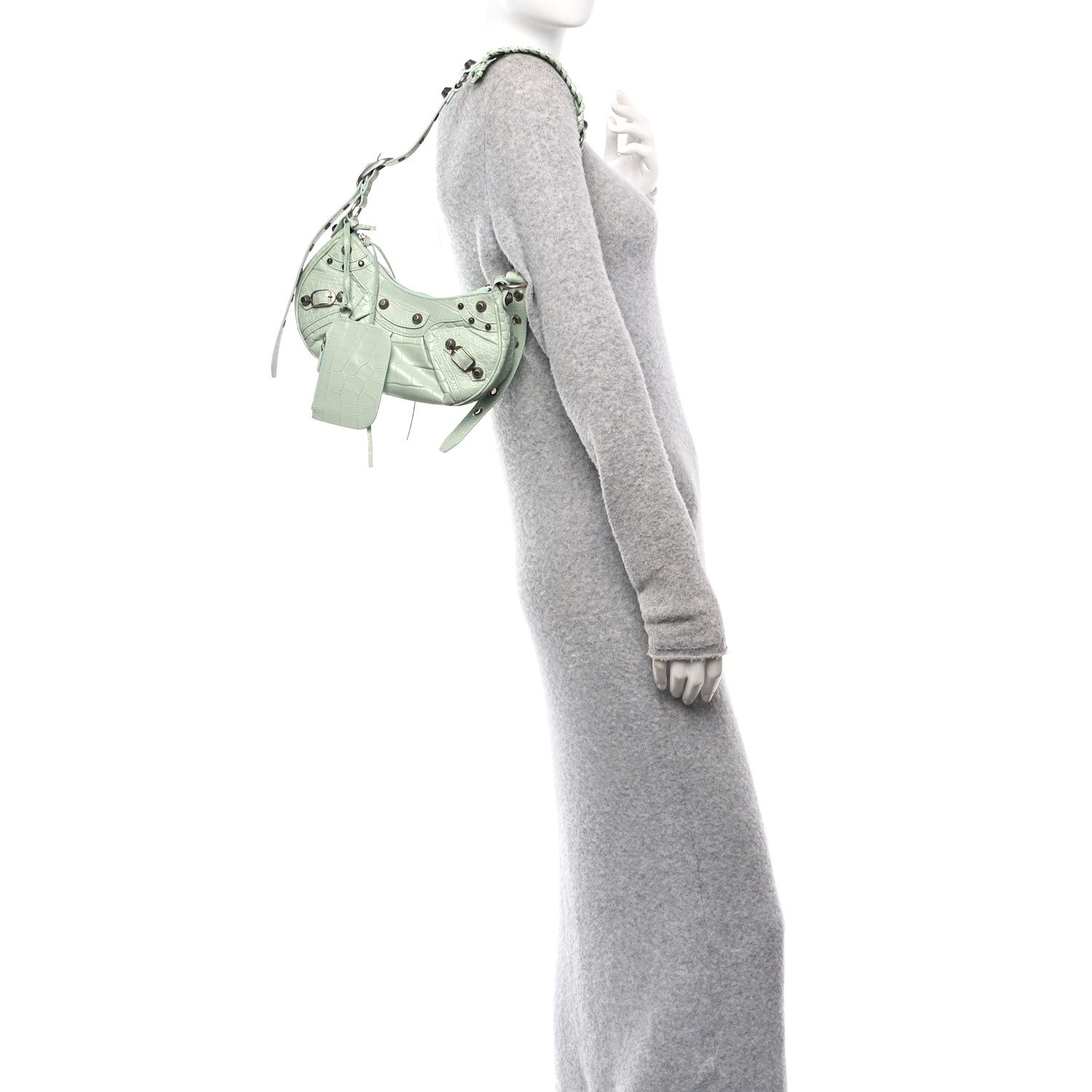 Extra Supple Calfskin Crocodile Embossed Le Cagole Shoulder Bag XS Light Green