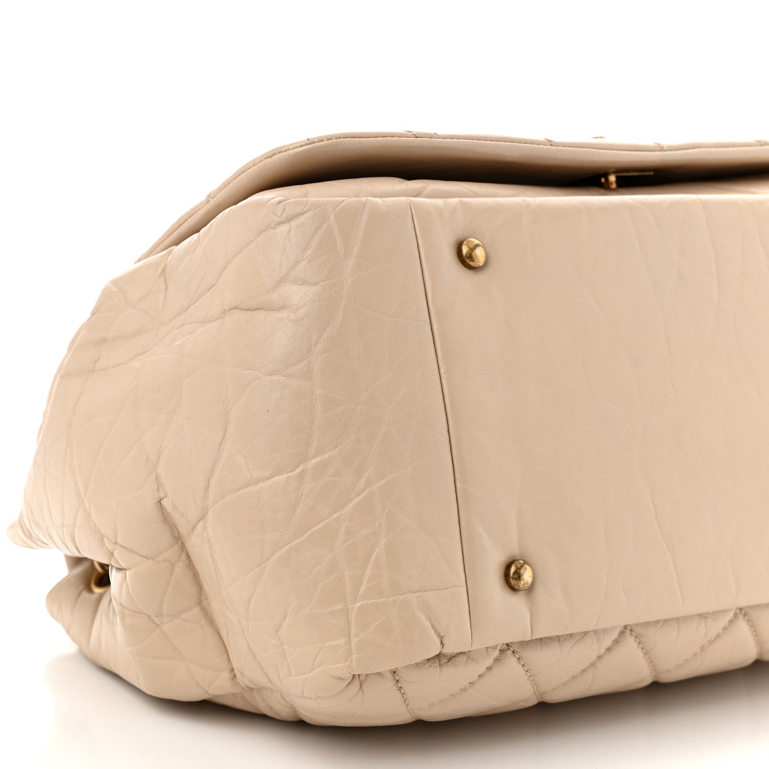 Aged Calfskin Quilted Large Pondichery Flap Beige