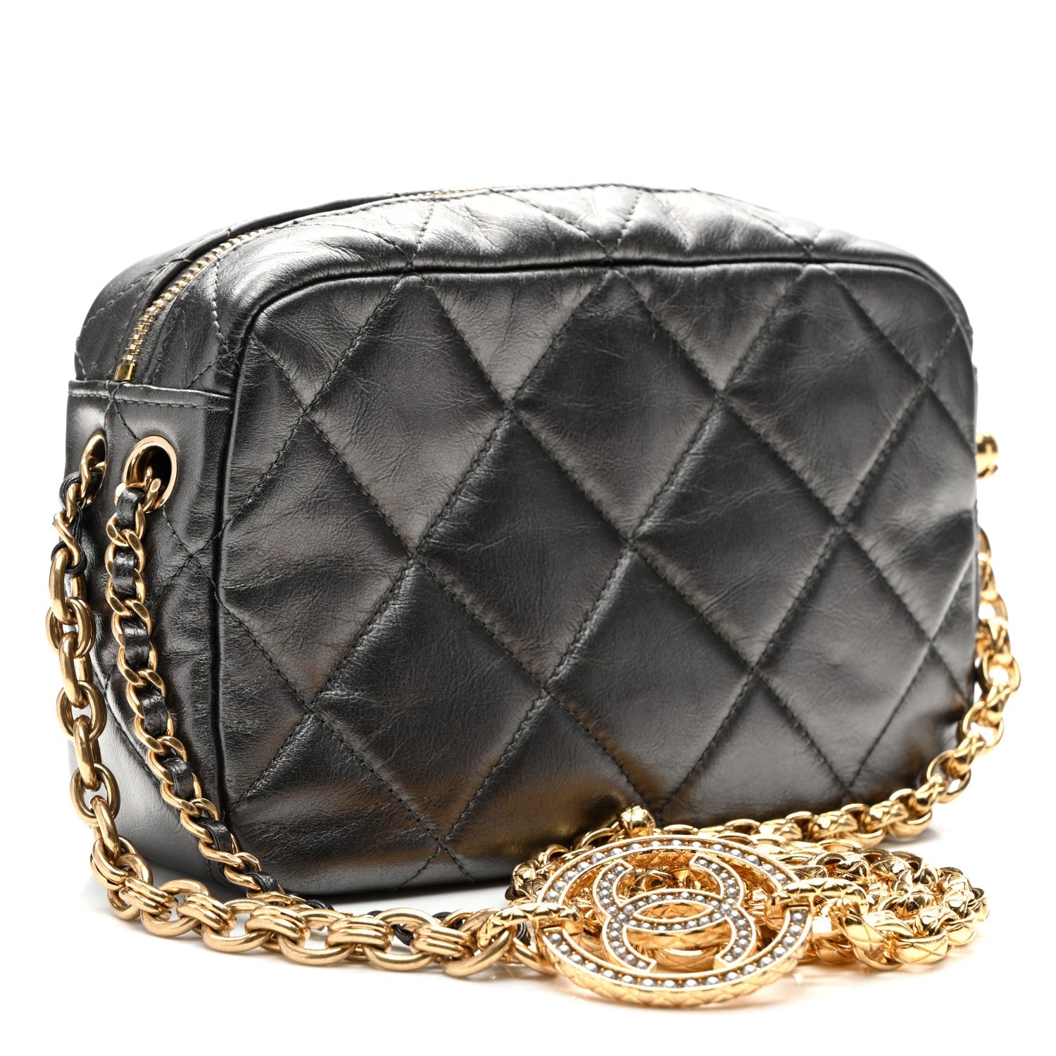 Metallic Calfskin Pearl Quilted CC Mini Camera Case Ruthenium