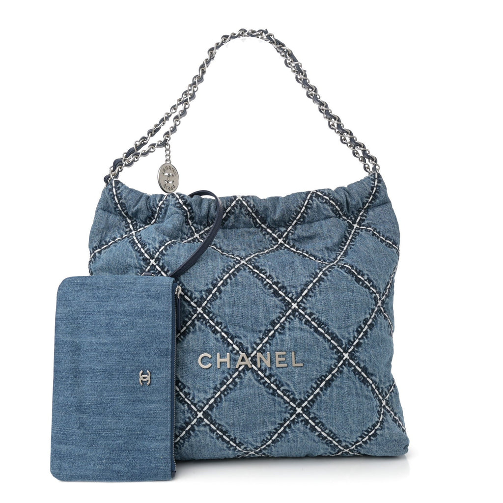 Denim Quilted Stitched Chanel 22 Blue