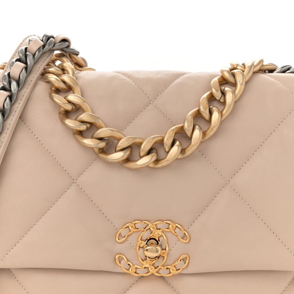 Lambskin Quilted Large Chanel 19 Flap Dark Beige