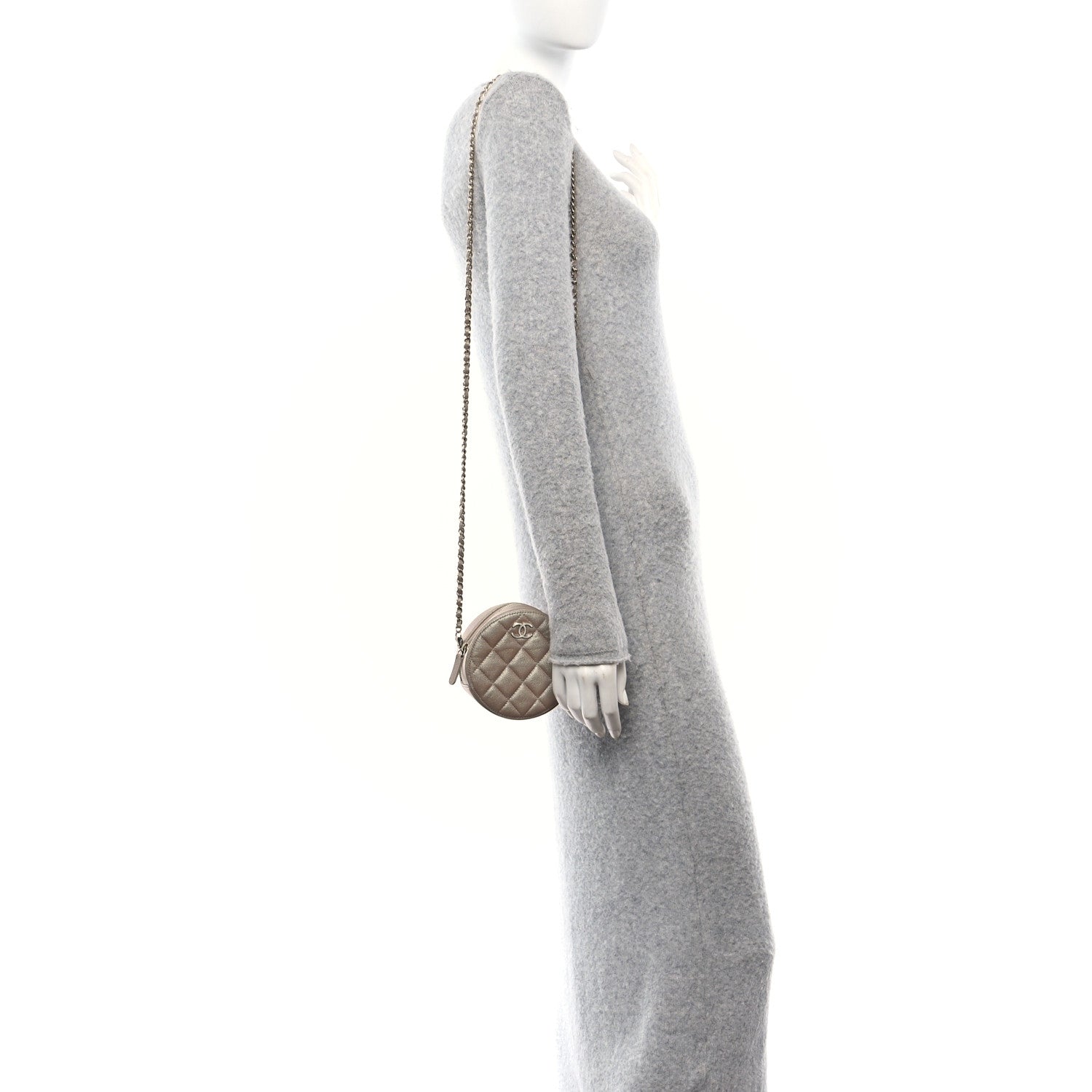 Iridescent Caviar Resin Quilted Round Clutch With Chain Beige