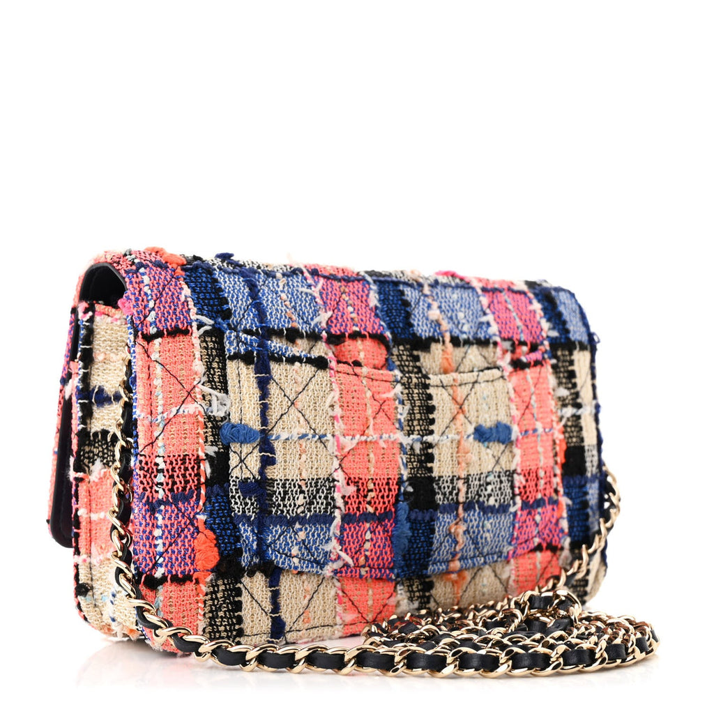 Tweed Quilted Wallet on Chain WOC Pink Blue Beige