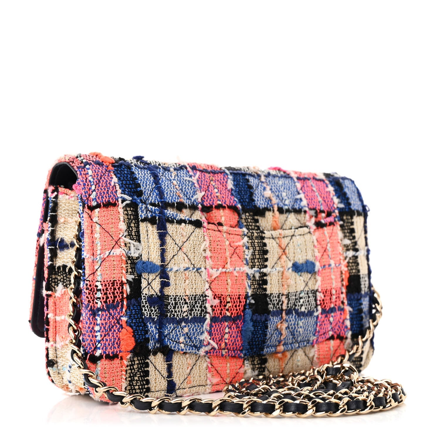Tweed Quilted Wallet on Chain WOC Pink Blue Beige
