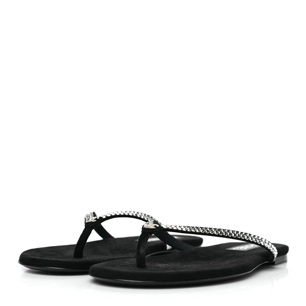 Suede Kidskin Strass CC Thong Sandals 40 Black