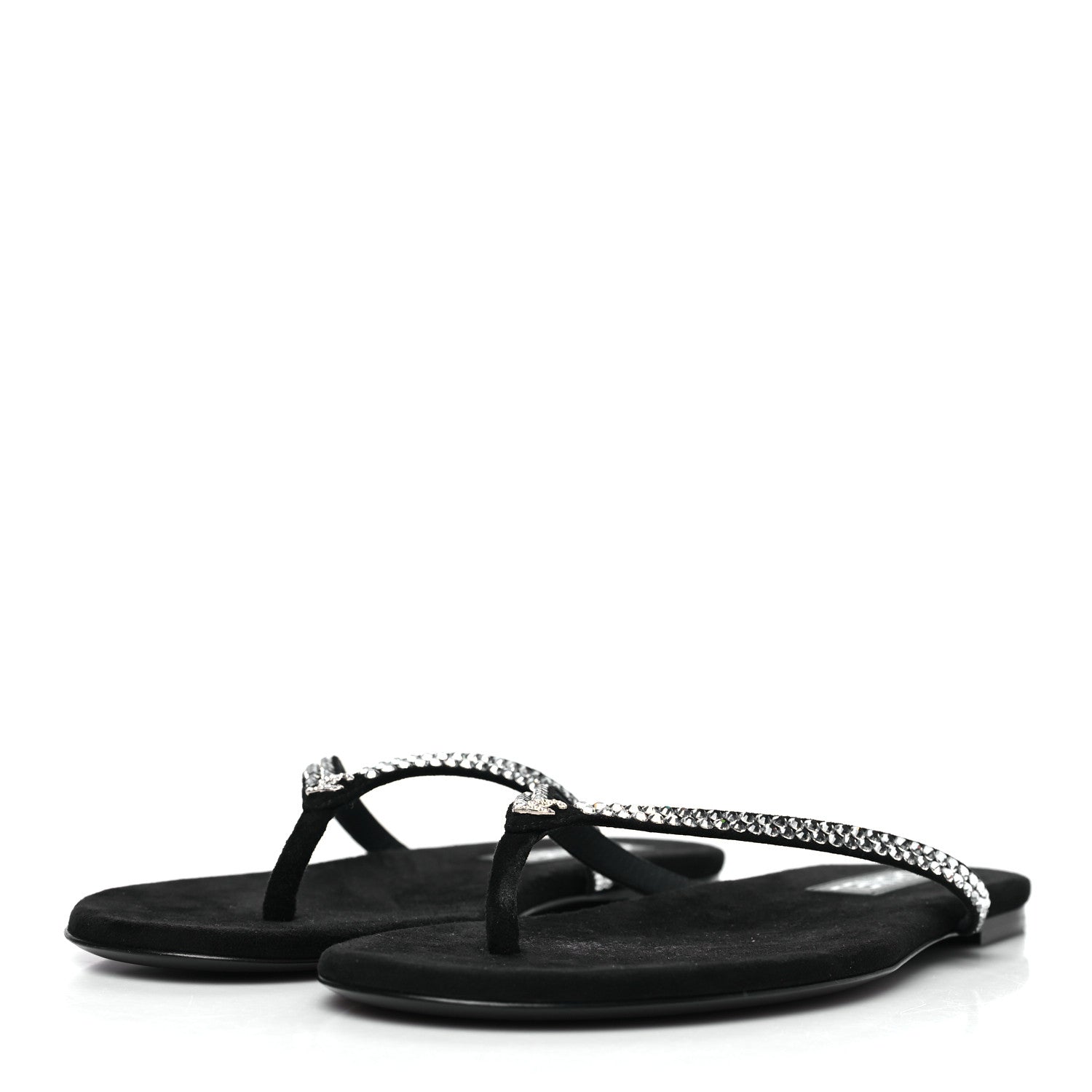 Suede Kidskin Strass CC Thong Sandals 40 Black