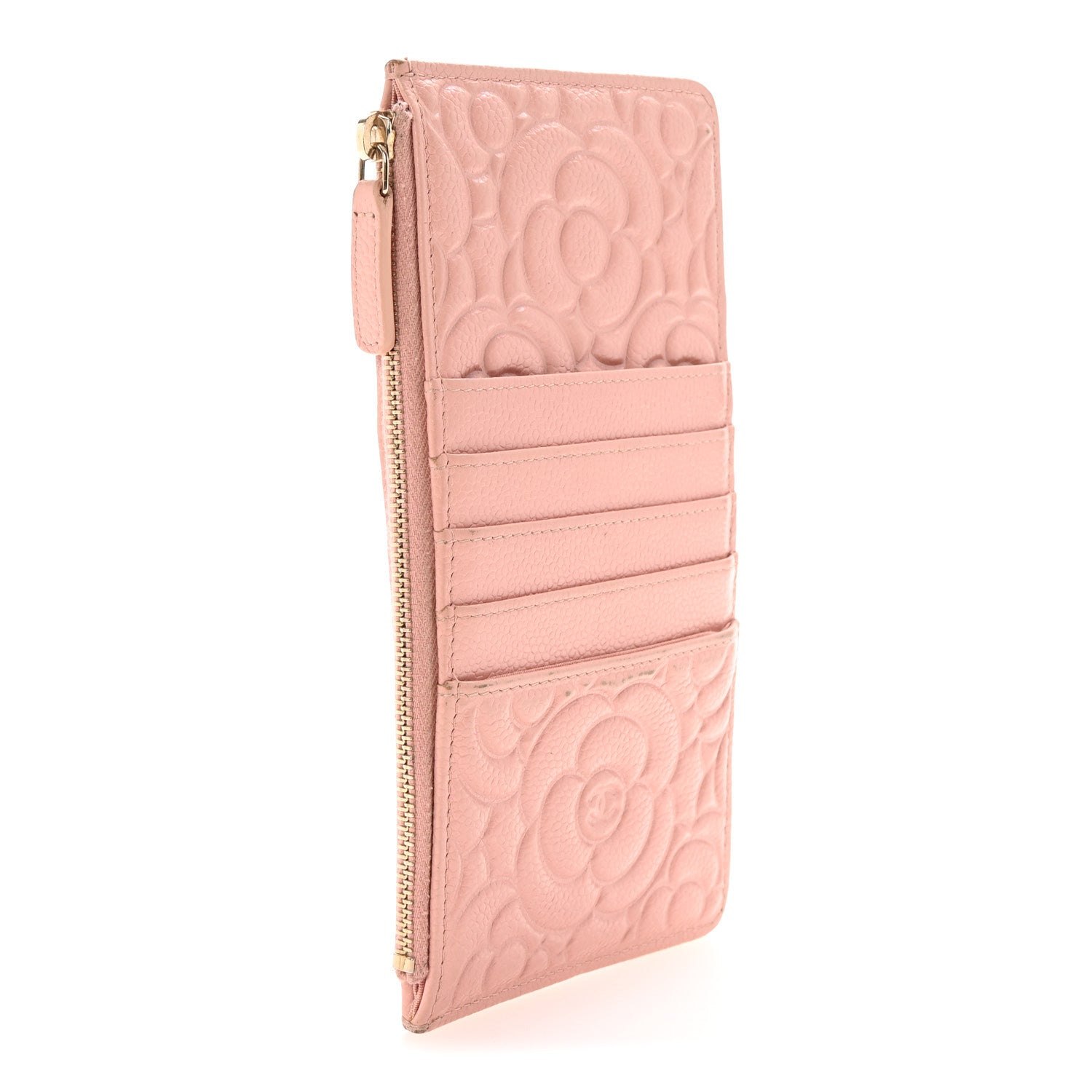 Caviar Camellia Embossed Classic Flat Wallet Pouch Pink