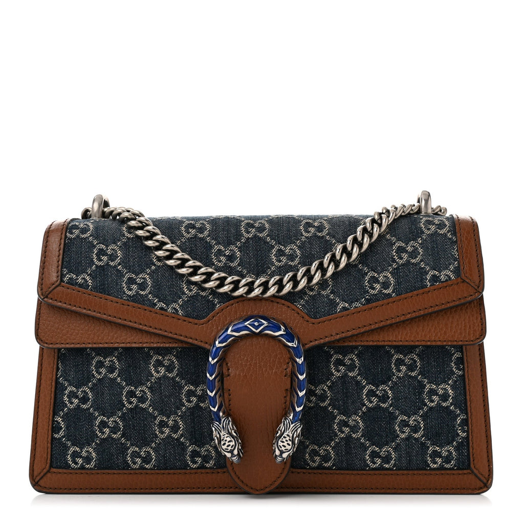 New Denim GG Monogram Dollar Calfskin Enamel Small Dionysus Shoulder Bag Blue Tea Cuir Epilog Electric Blue