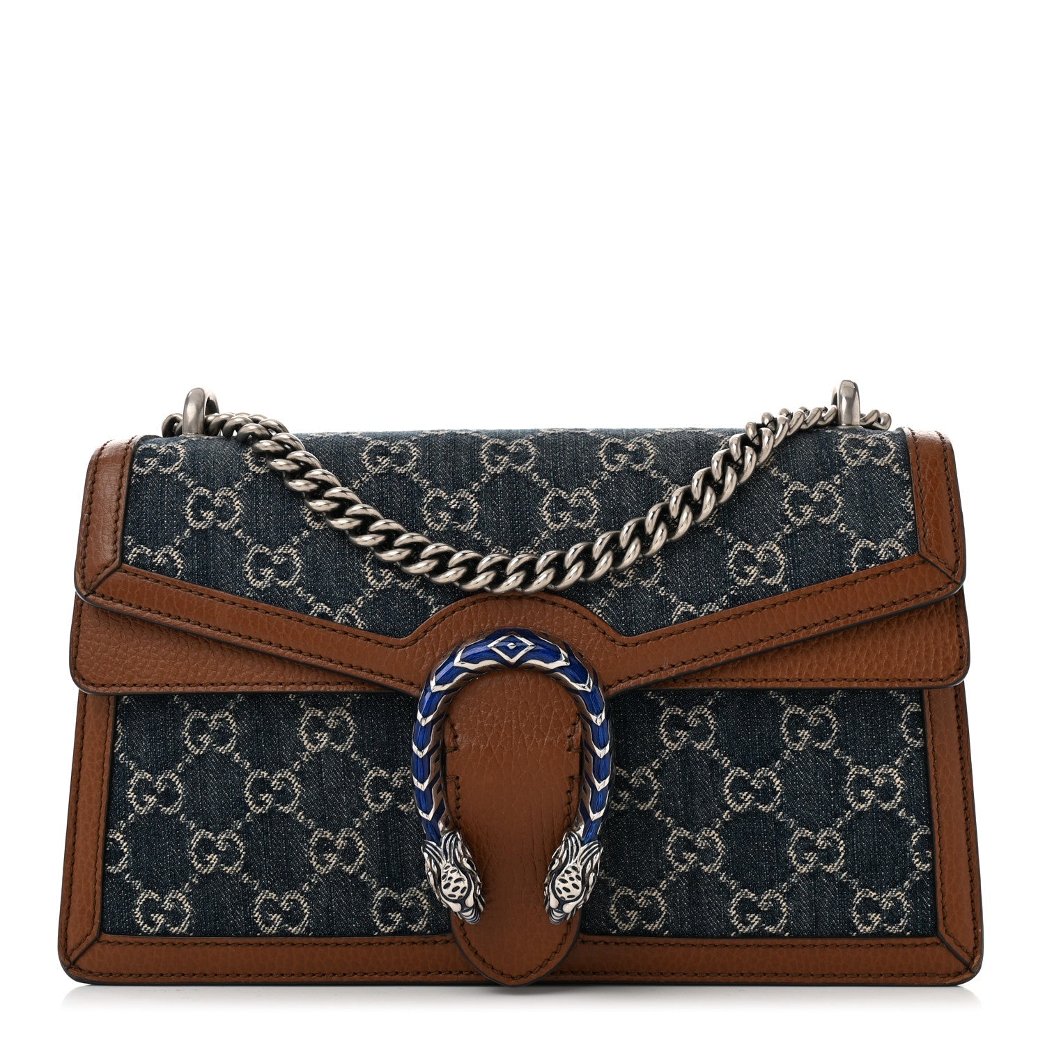 New Denim GG Monogram Dollar Calfskin Enamel Small Dionysus Shoulder Bag Blue Tea Cuir Epilog Electric Blue