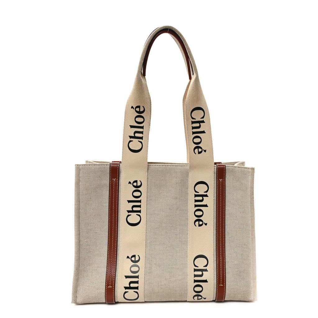 Linen Calfskin Medium Woody Ribbon Tote White Brown
