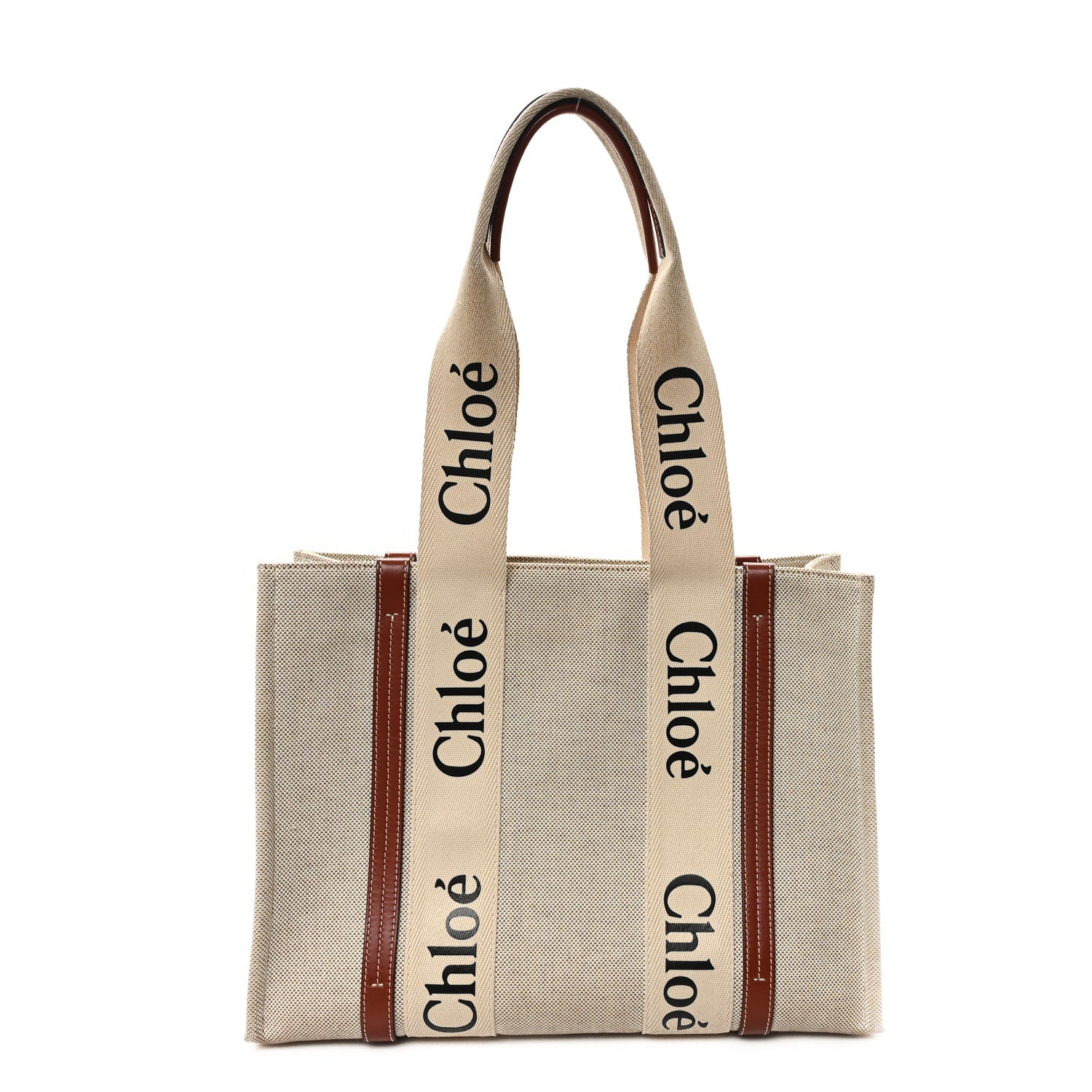 Linen Calfskin Medium Woody Ribbon Tote White Brown