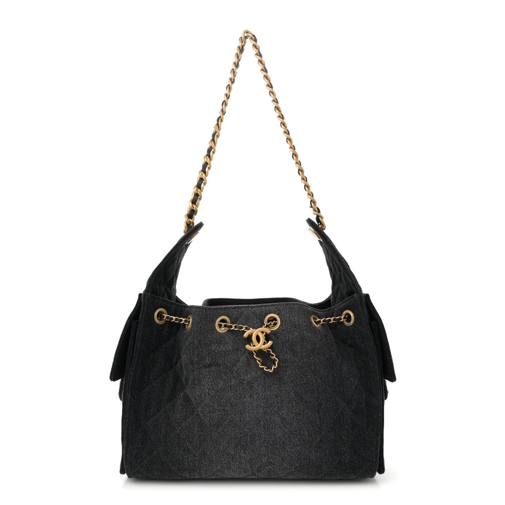 Washed Denim Quilted Small Chanel 25 Handbag Black