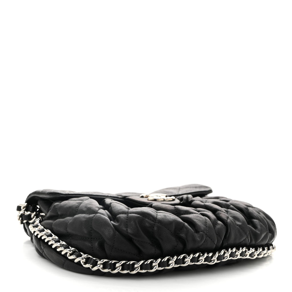 Washed Lambskin Quilted Medium Chain Around Messenger Black