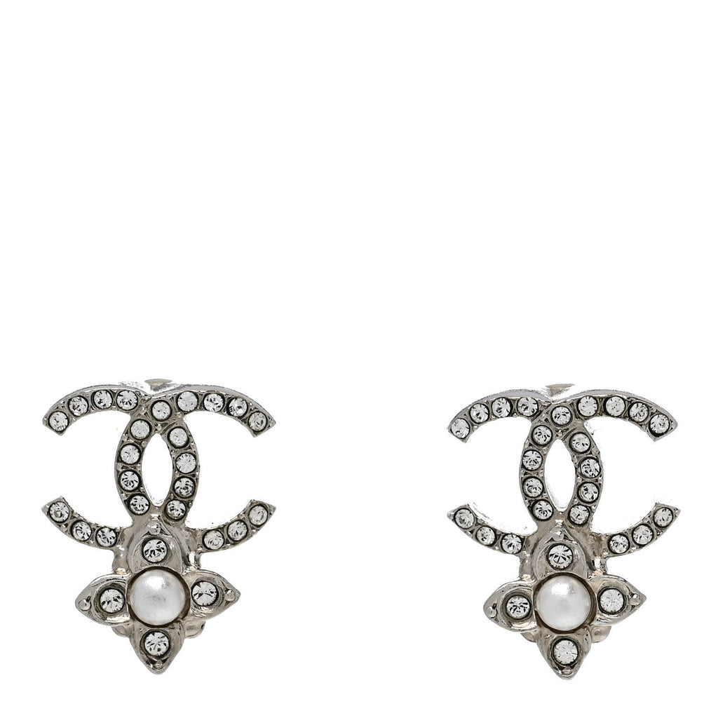 Crystal Pearl Flower CC Earrings Silver