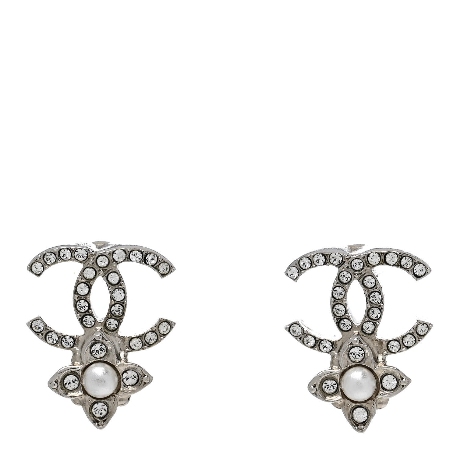Crystal Pearl Flower CC Earrings Silver