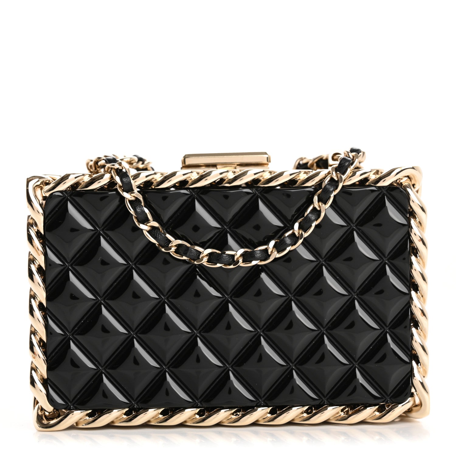 Plexiglass Quilted Chain Around Minaudiere Clutch Black