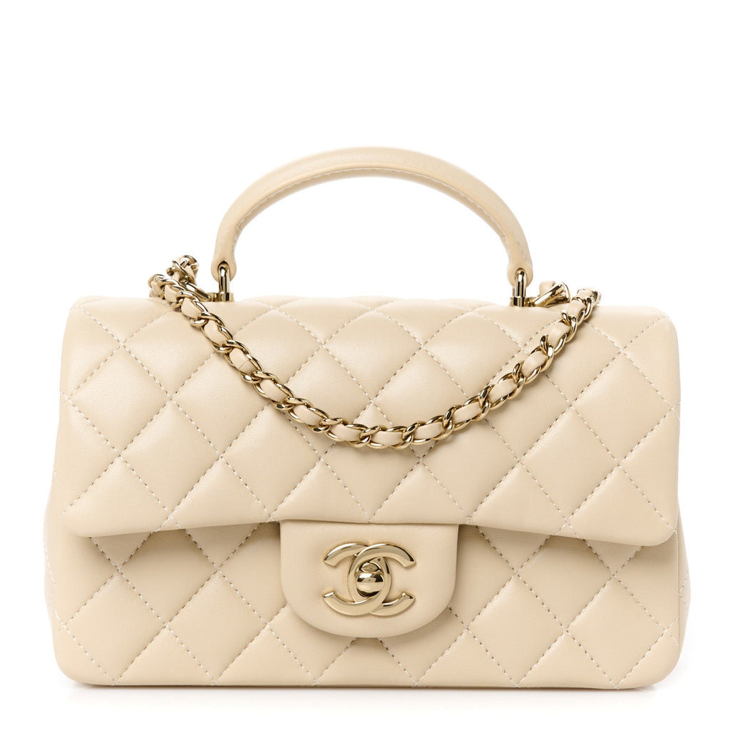 Lambskin Quilted Mini Top Handle Rectangular Flap Beige