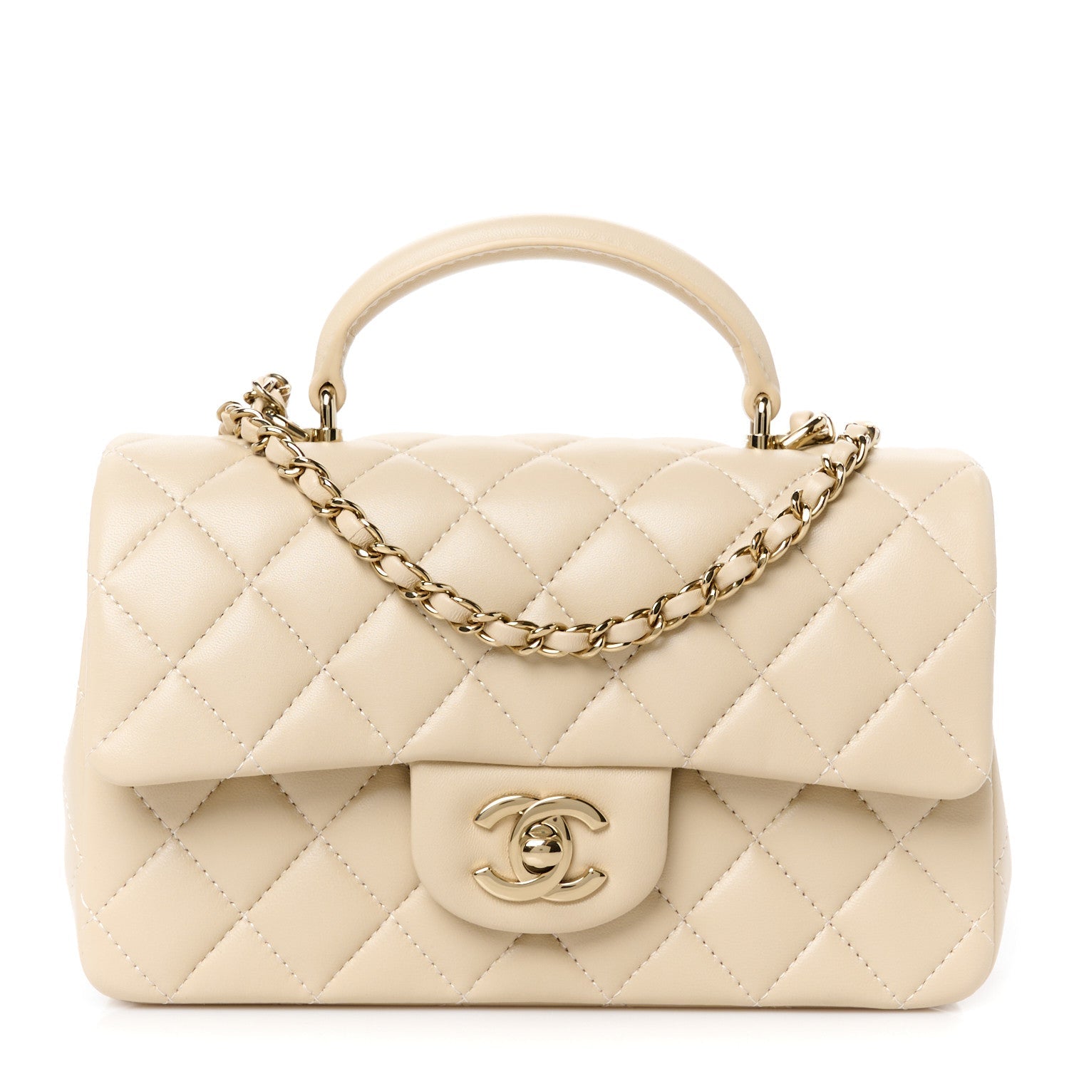 Lambskin Quilted Mini Top Handle Rectangular Flap Beige