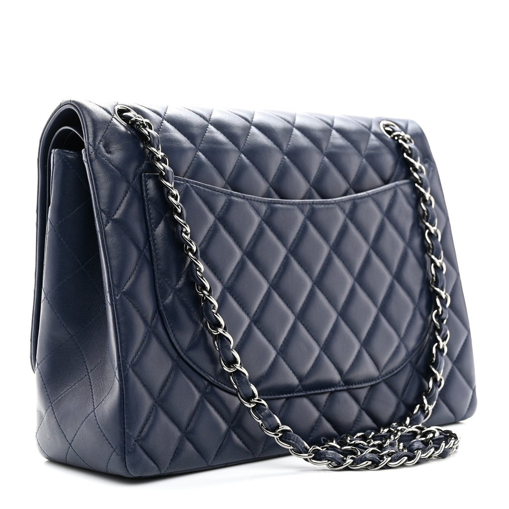 Lambskin Quilted Maxi Double Flap Dark Blue