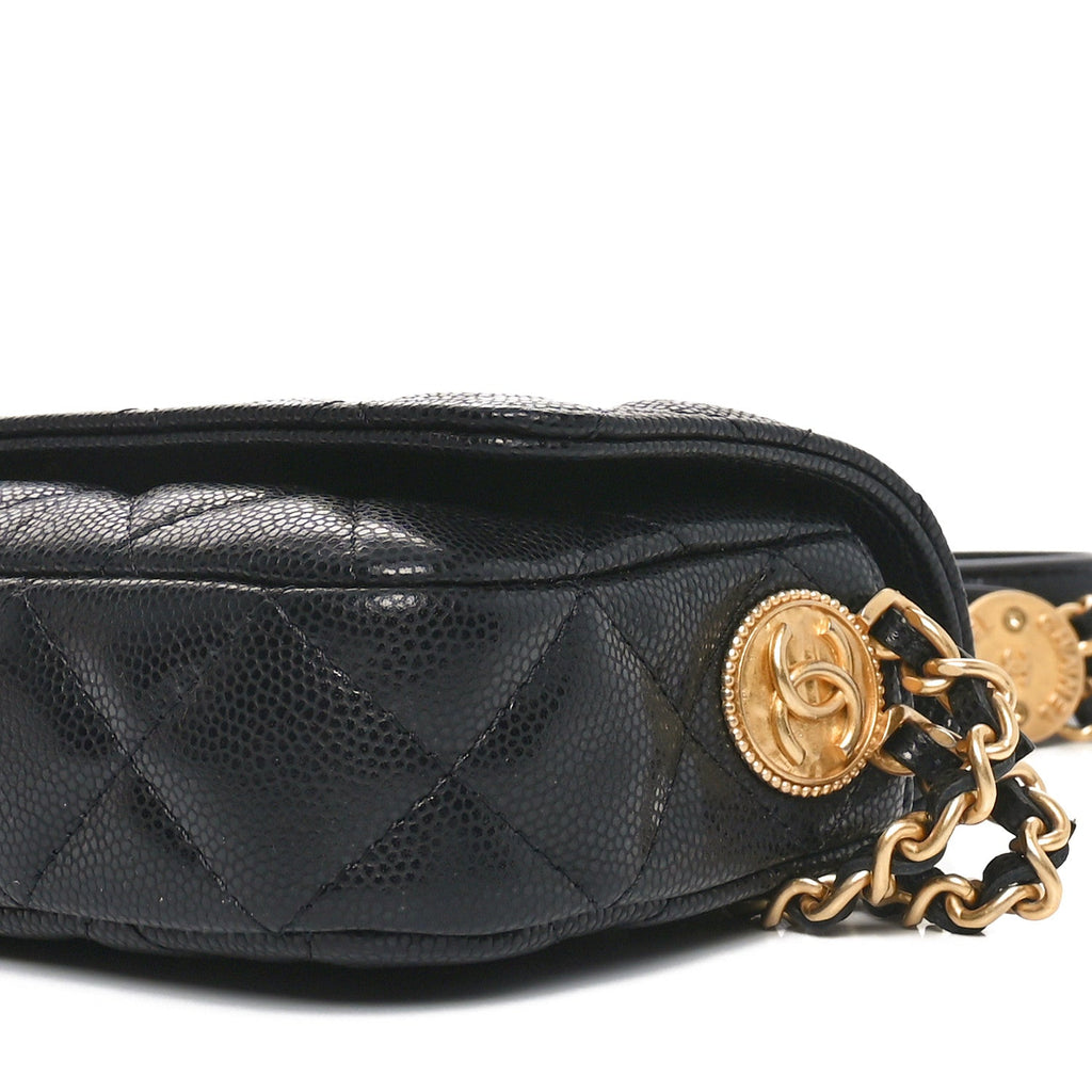 Caviar Quilted Yours Buttons Phone Holder With Chain Black