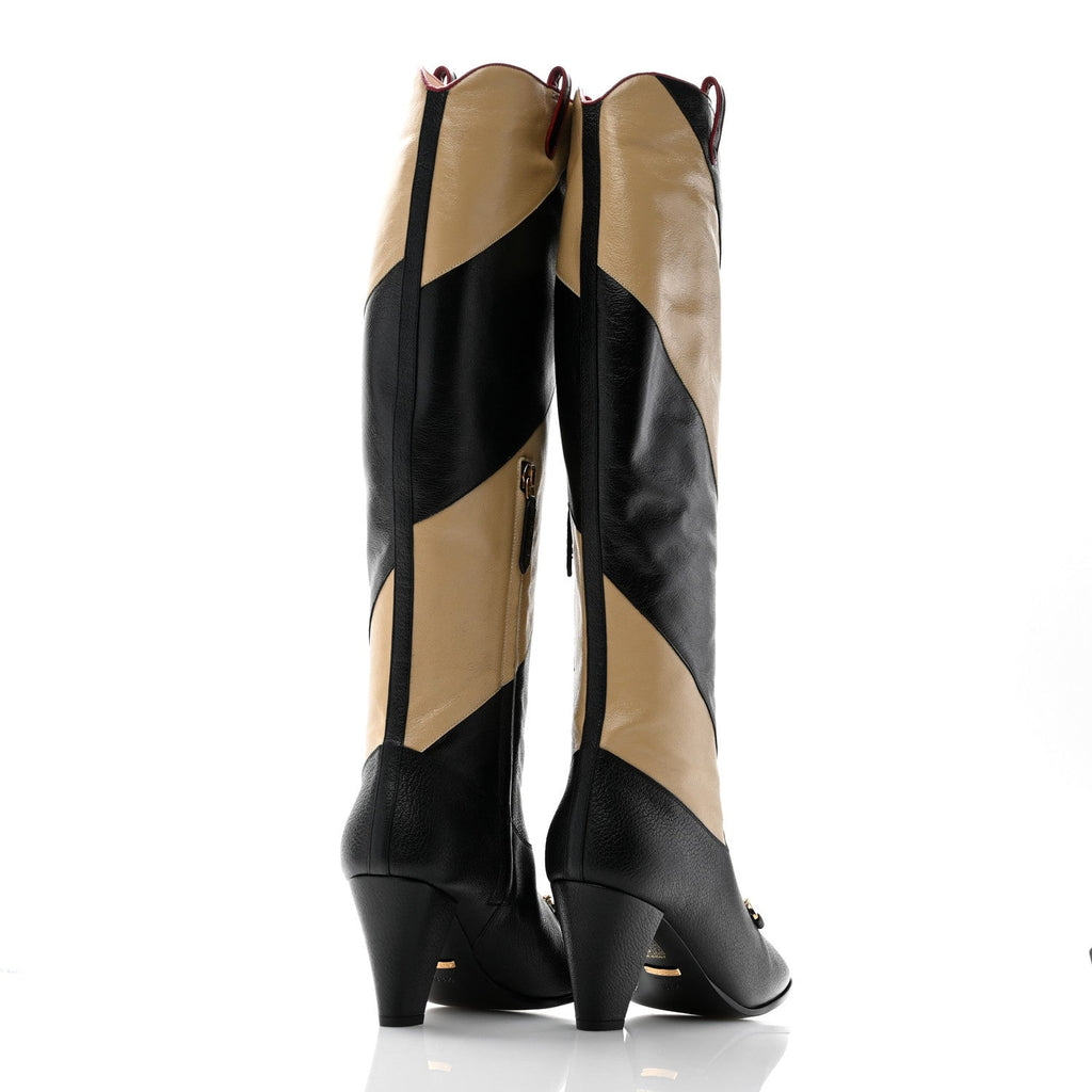 Calfskin Wrinkled Kid Diagonal Striped Zumi Knee Boots 38.5 Black Beige Romantic Cherry
