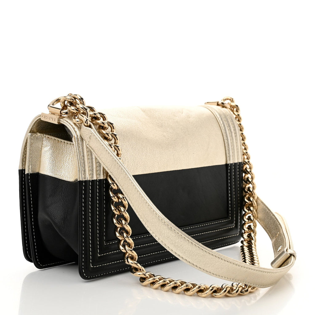 Metallic Goatskin Calfskin Medium Boy Flap Gold Black