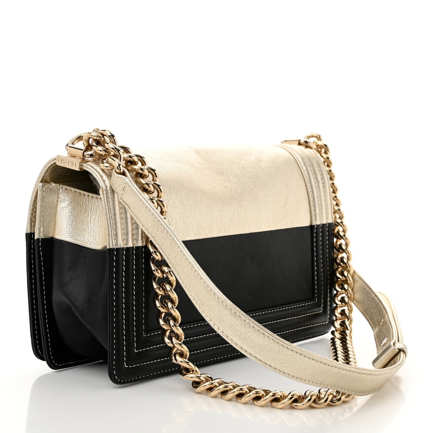 Metallic Goatskin Calfskin Medium Boy Flap Gold Black