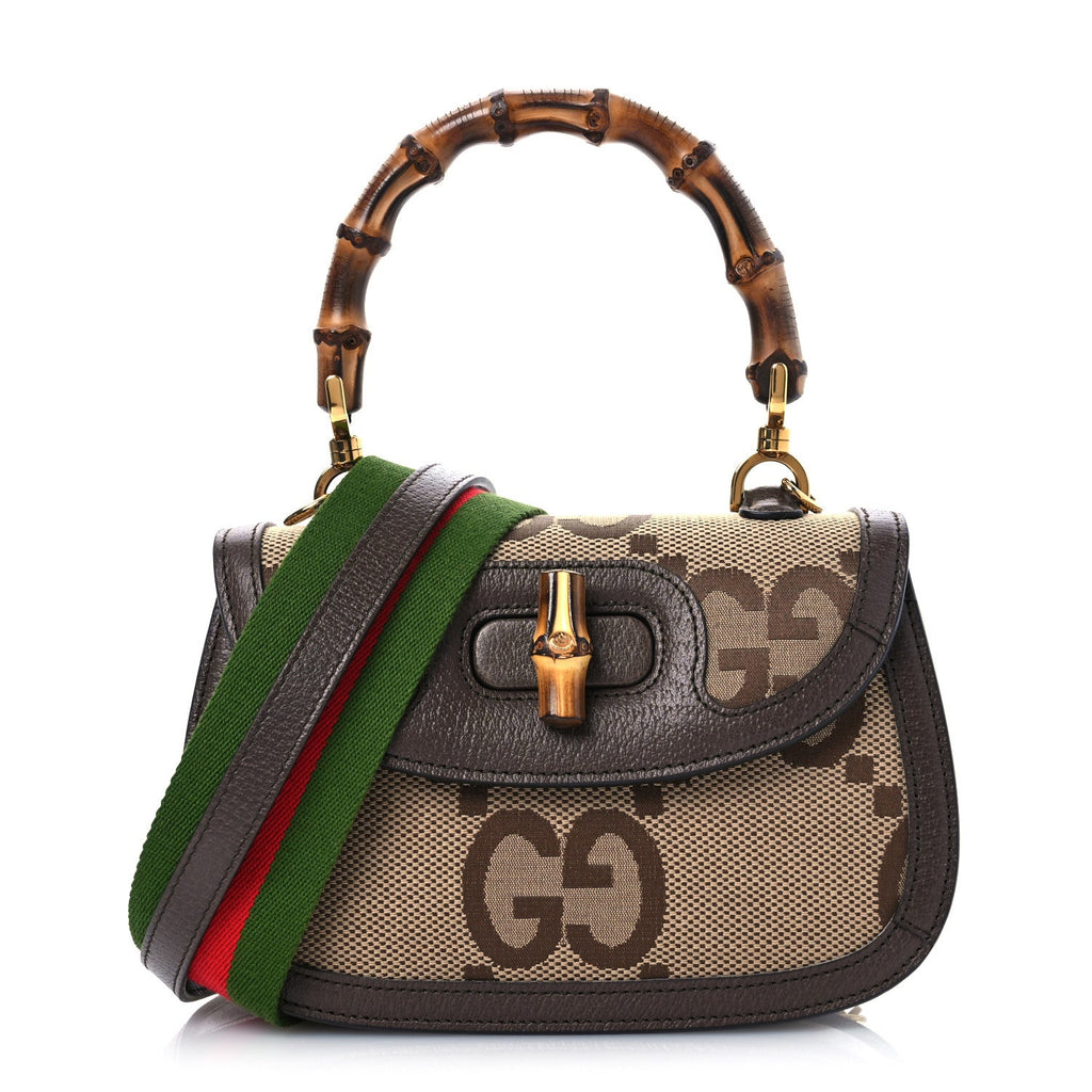Monogram Jumbo GG Textured Dollar Calfskin Web Small Bamboo 1947 Top Handle Bag Camel Ebony New Acero